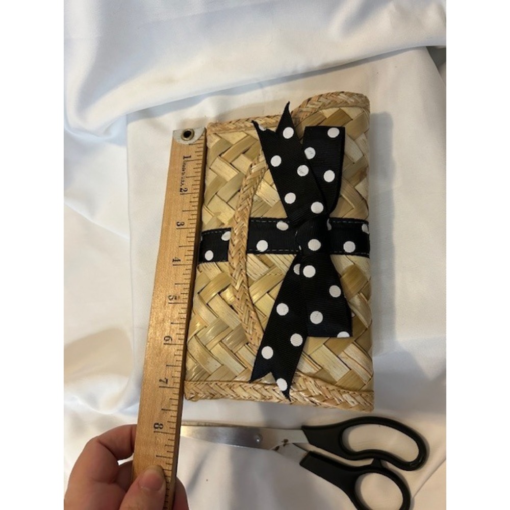 Vintage Depre Bahamas Straw Woven Clutch Black Polka Dot Bow Envelope Style - Picture 6 of 14